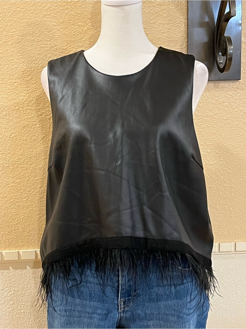Anthropologie Hutch vegan leather tank top w/ ostrich feathers trim. Black. XL